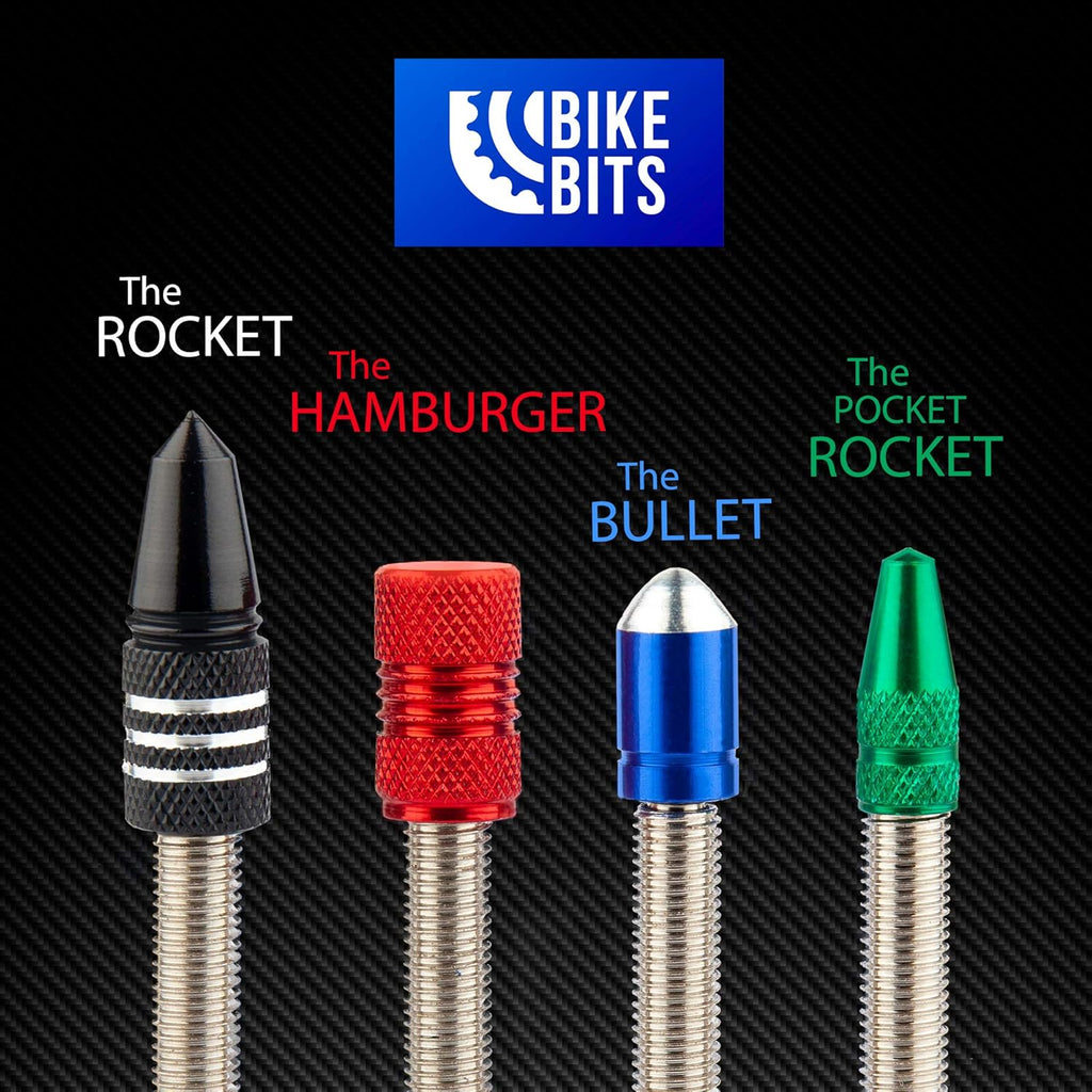 Presta Valve Caps - Anodized Aluminum for Presta/French Valves - Fun Designs: Bullet, Rocket, Hamburger, Pocket Rocket (4 Pack)