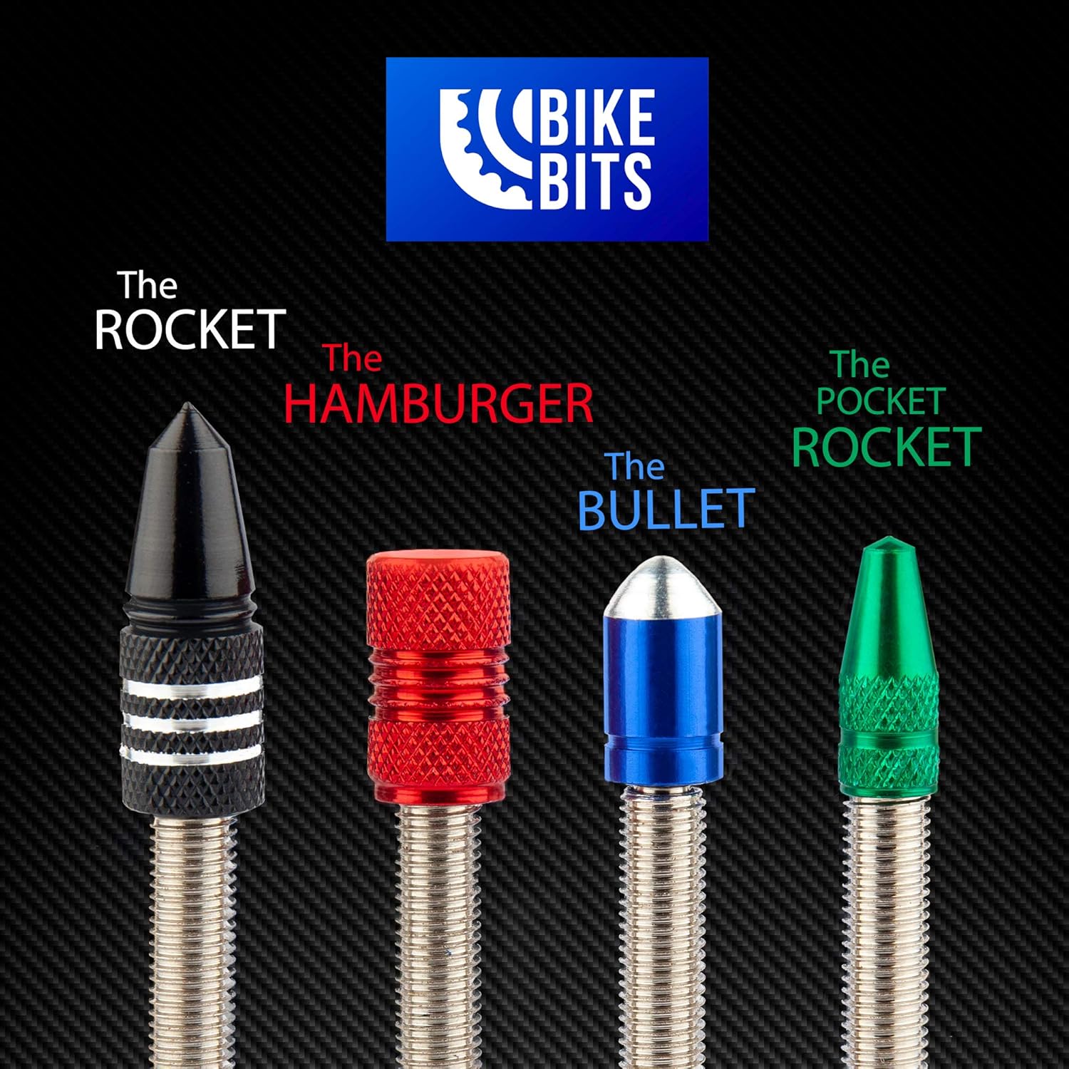 Presta Valve Caps - Anodized Aluminum for Presta/French Valves - Fun Designs: Bullet, Rocket, Hamburger, Pocket Rocket (4 Pack)