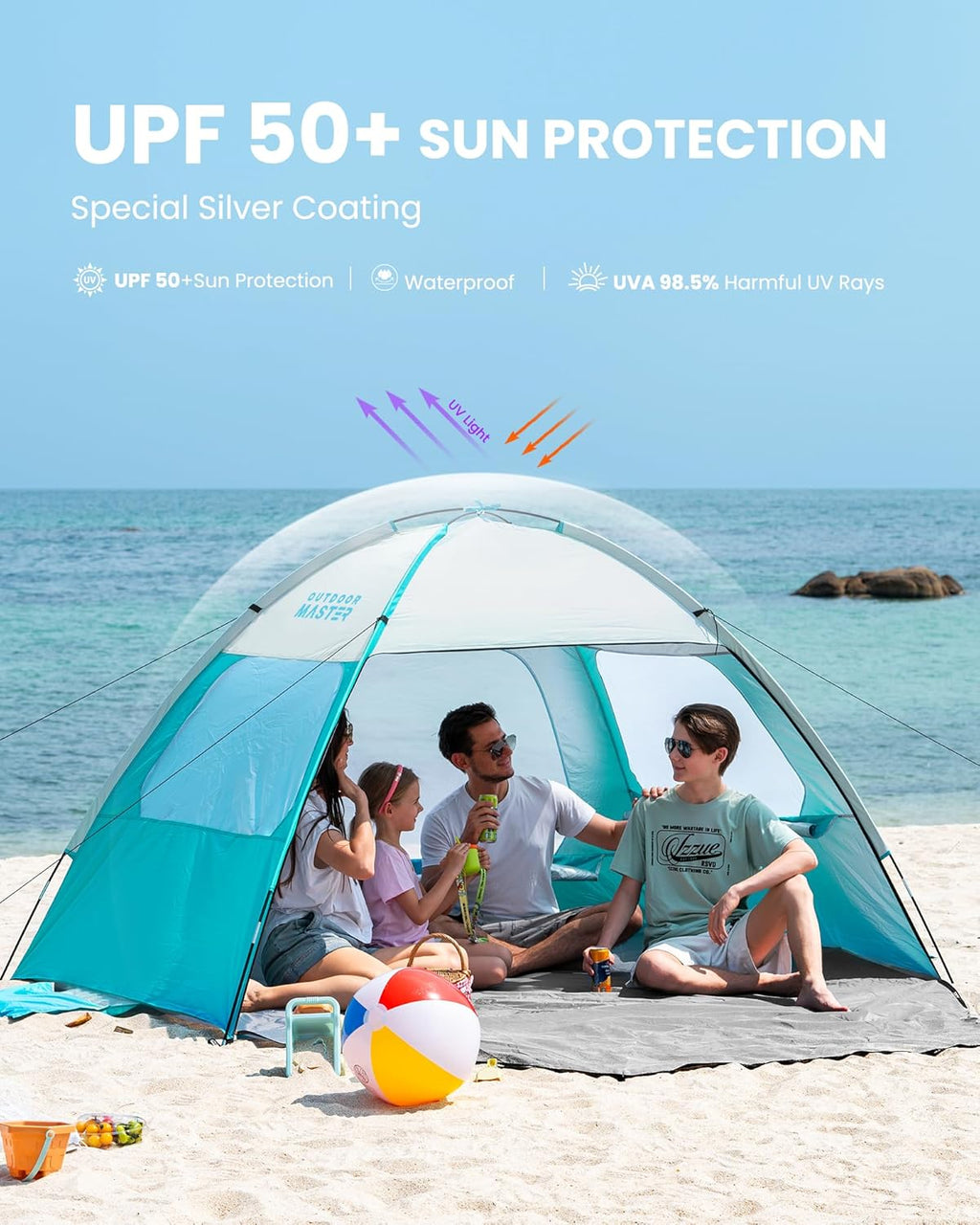 OutdoorMaster Beach Tent - Easy Setup Portable Sun Shade Canopy with UPF 50+ UV Protection | Family Size for 3-8 People