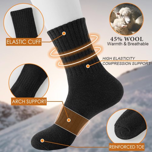 VoJoPi Wool Socks for Women Thermal and Warm Hiking Winter Thick Cozy Cushion Boot Work Socks 5 Pairs, Size 5-10