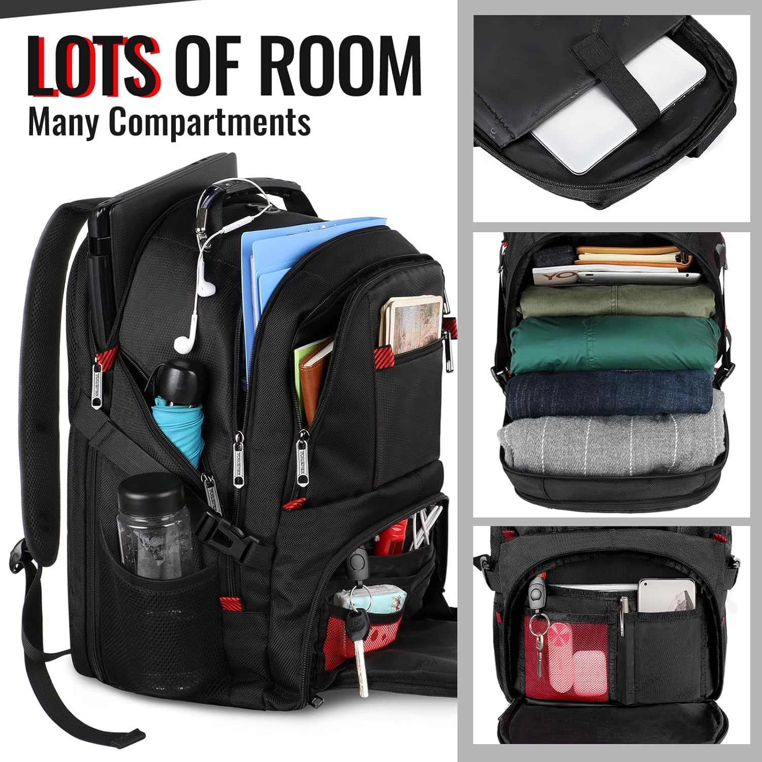 YOREPEK Large Laptop Backpack - Water Resistant Travel Bag for 17 Inch Computers | Black