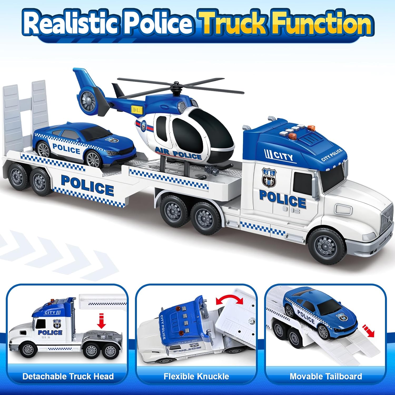 SpringFlower Police Truck Toy - Extra Large 3-in-1 Set with Racing Car & Helicopter | Perfect Birthday Gift for Toddlers Ages 3-6