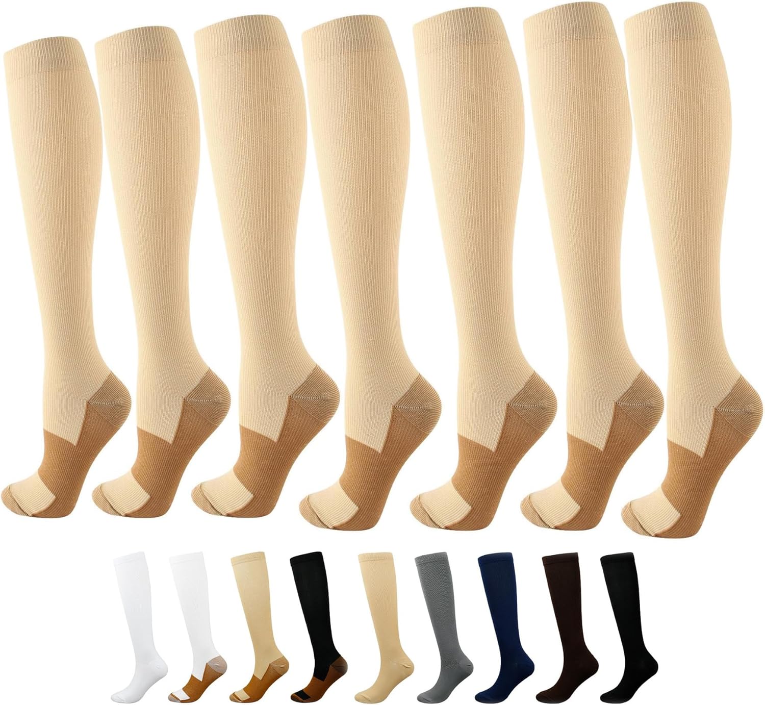 Roiii Compression Socks - 15-20 mmHg Support for Circulation | 7 Pairs for Running & Hiking