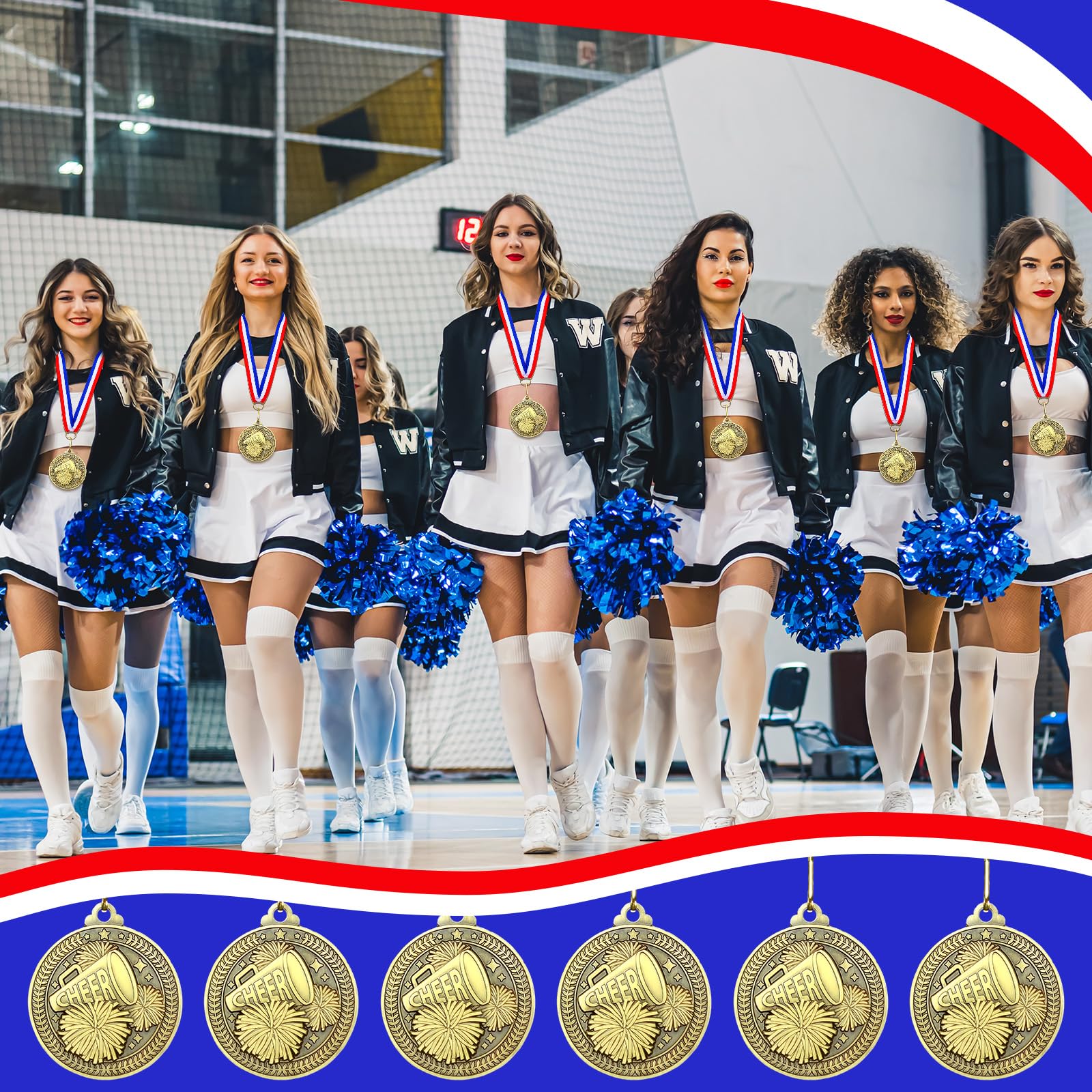 Remuuly 60 Pcs Gold Award Medals 2 Inch Soccer Baseball Volleyball Football Cheer Trophy Medals Metal Awards Bulk with Neck Ribbons Trophy Prize Gifts for Sports Competitions(Cheer)