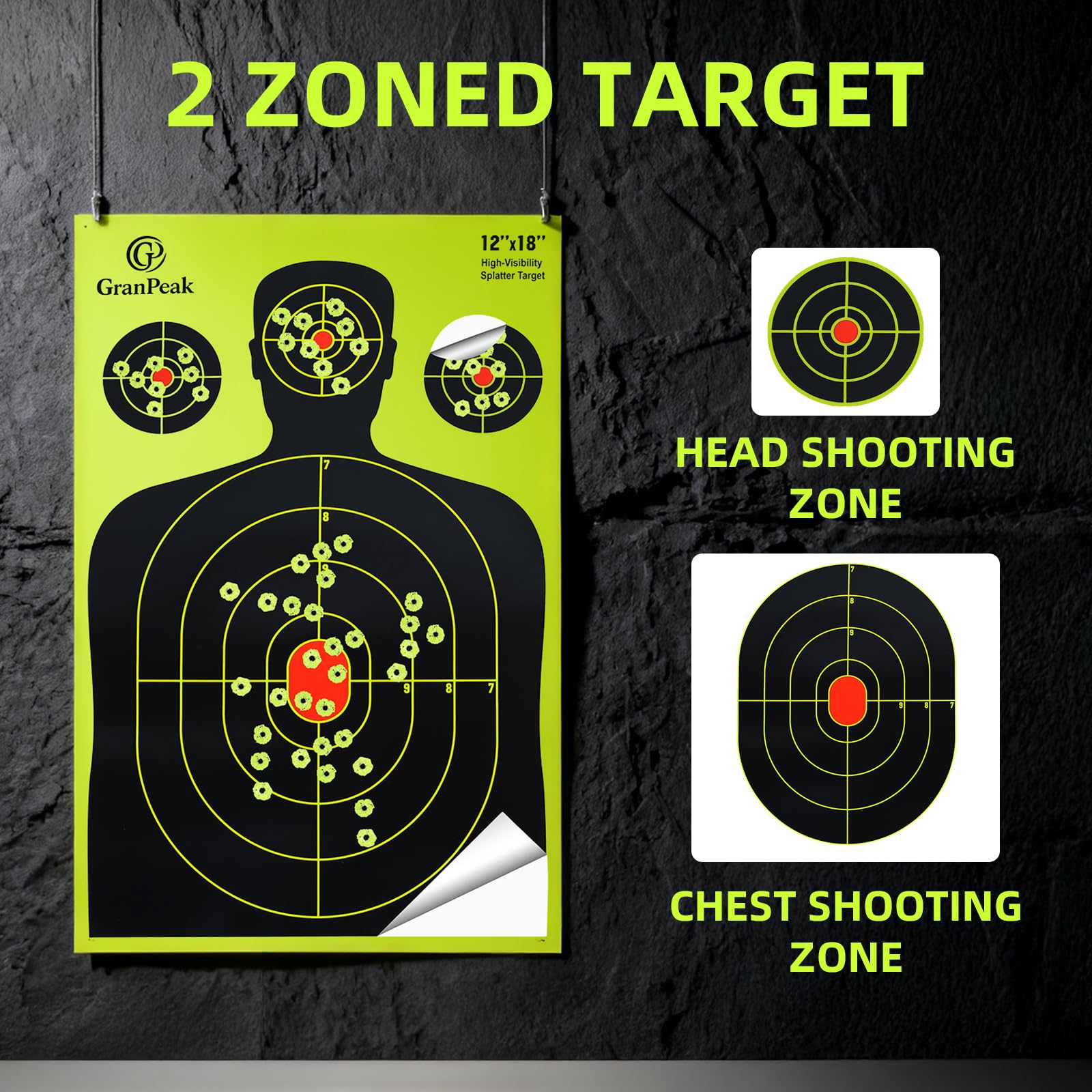 GranPeak 12 x18 inch, Silhouette Splatter Targets, Adhesive Shooting Targets, Shots Burst Bright Fluorescent Yellow, Great for All Firearms (25 Pack)