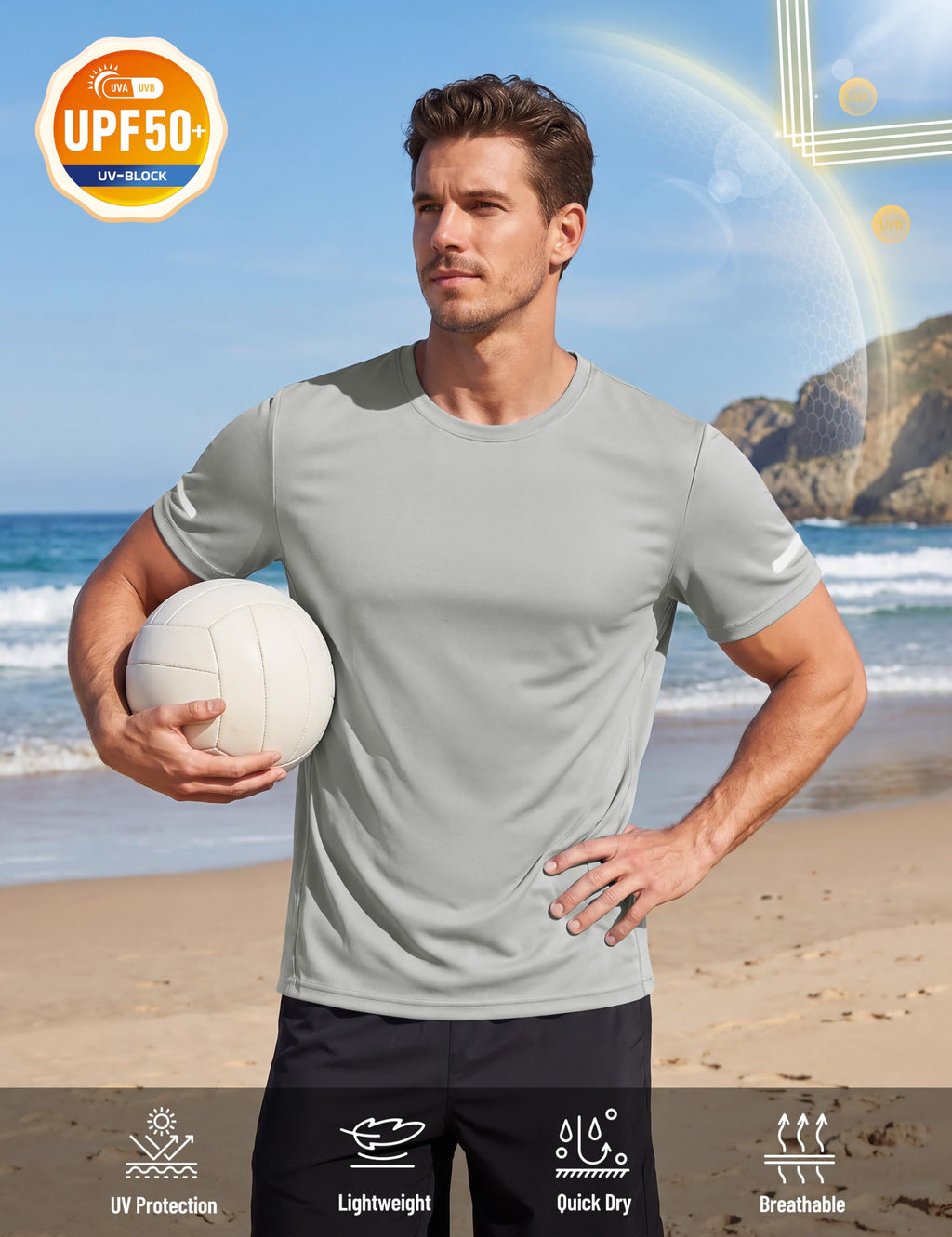 TACVASEN Mens Workout T Shirts Dry Fit Gym Shirts Short Sleeve Athletic Running Tshirts Sun Protection Swim Shirt Grey L