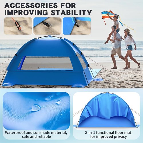 Beach Tent Sun Shelter by [Brand Name] - UPF 50+ Protection with Extended Sand Mat | Portable for 3-4 People
