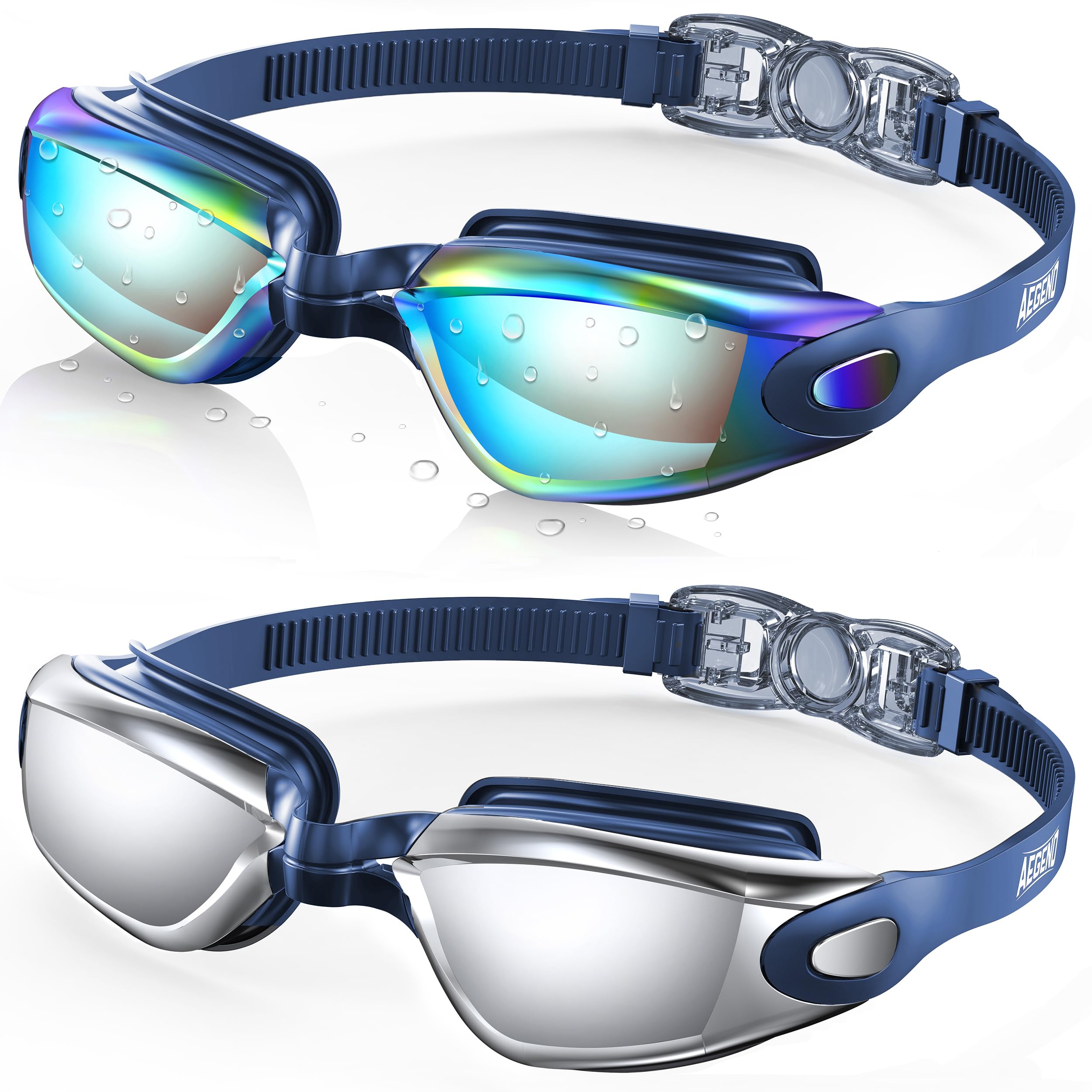 Aegend Swim Goggles 2-Pack, No Leaking Anti-Fog UV Protection Mirrored Swim Glasses for Adult Men Women, Wide View Outdoor