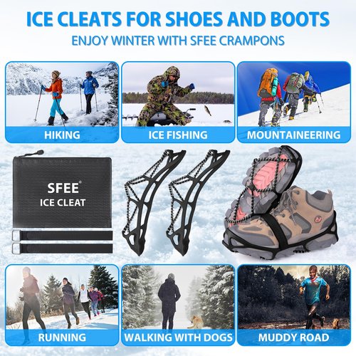 Sfee 2 Pairs Ice Cleats Ice Grippers for Shoes and Boots, Crampons Traction Cleats for Walking on Snow and Ice Anti-Slip Flexible Footwear Snow Grips for Walking Climbing Hiking Jogging with 4 Straps