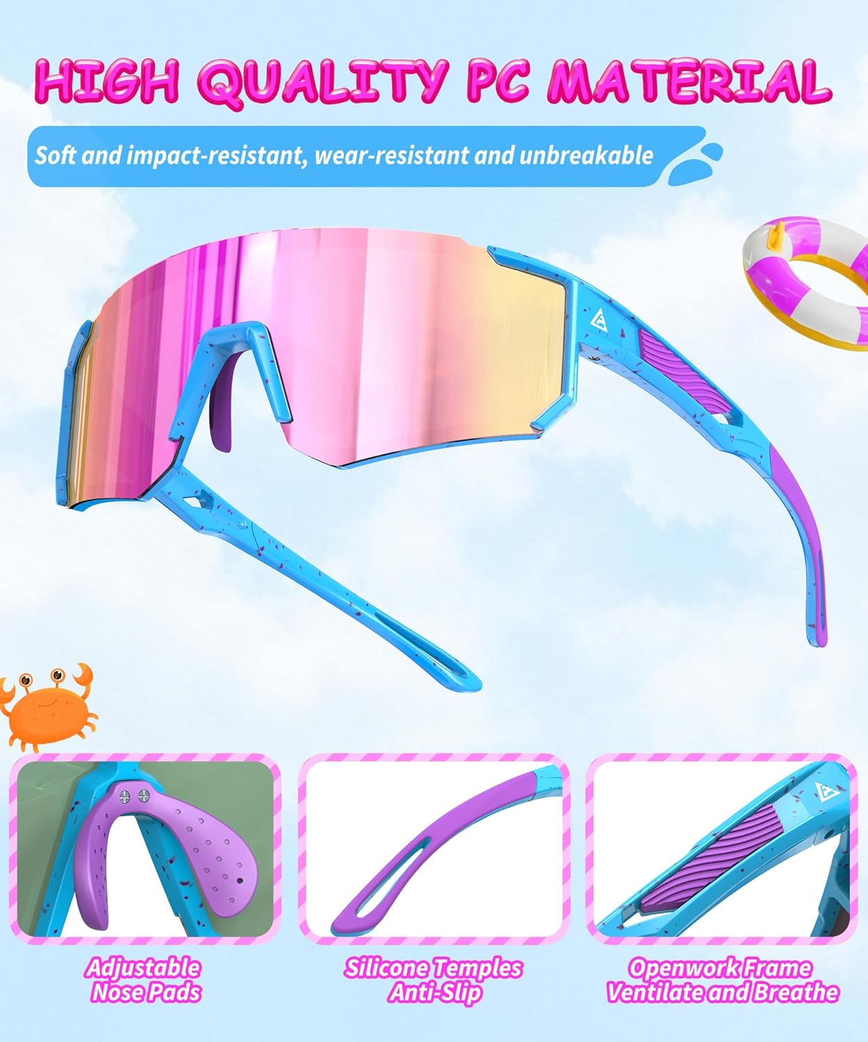 Skiennix Kids Sunglasses - UV Protection Youth Baseball & Softball Eyewear | 3-Pack for Ages 4-14