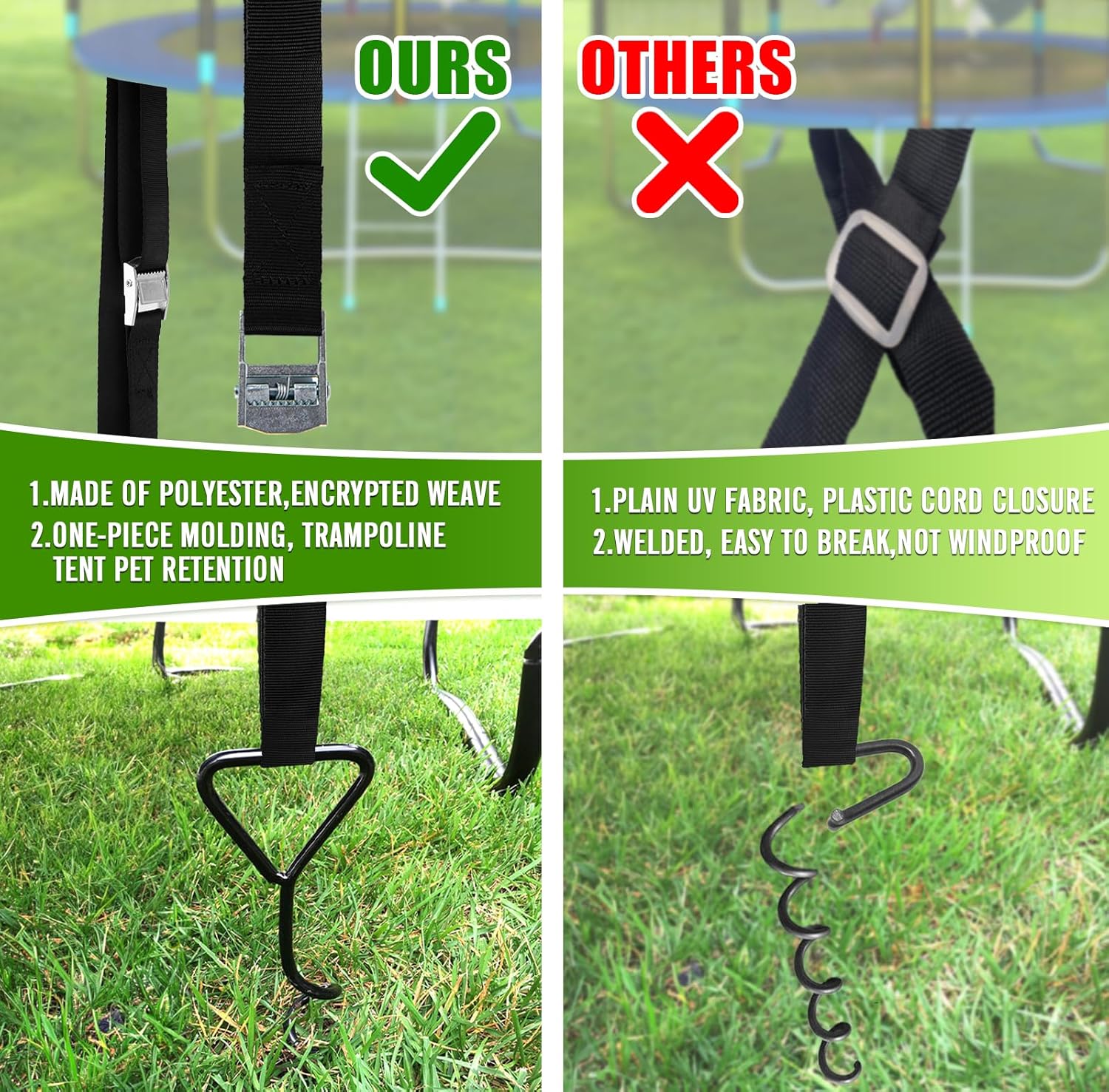 Trampoline Tie Down Anchor Kit by [Brand Name] - Heavy-Duty Steel Stakes for High Wind | Set of 4