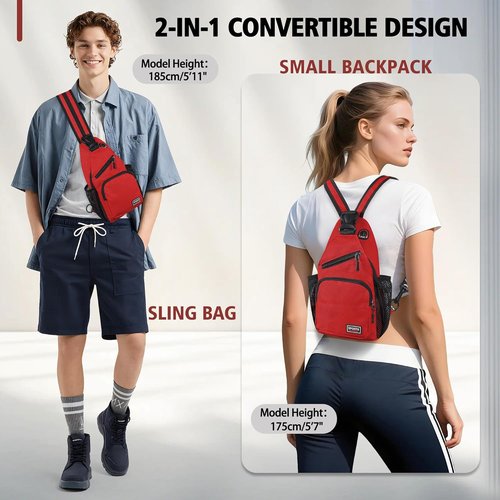 Geestock Convertible Sling Bag - Lightweight Crossbody Backpack with Headphone Hole | Fits 7.9" Tablet, Red