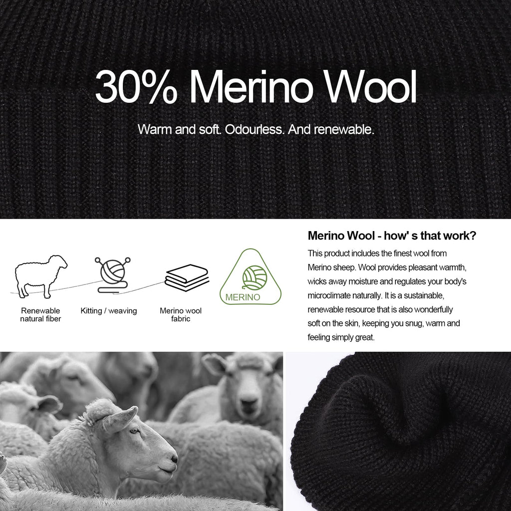 Oversized L/XL/XXL Merino Wool Beanie Hat for Men Big Head Cuffed Watch Cap Warm Soft Knit Winter Hat Black