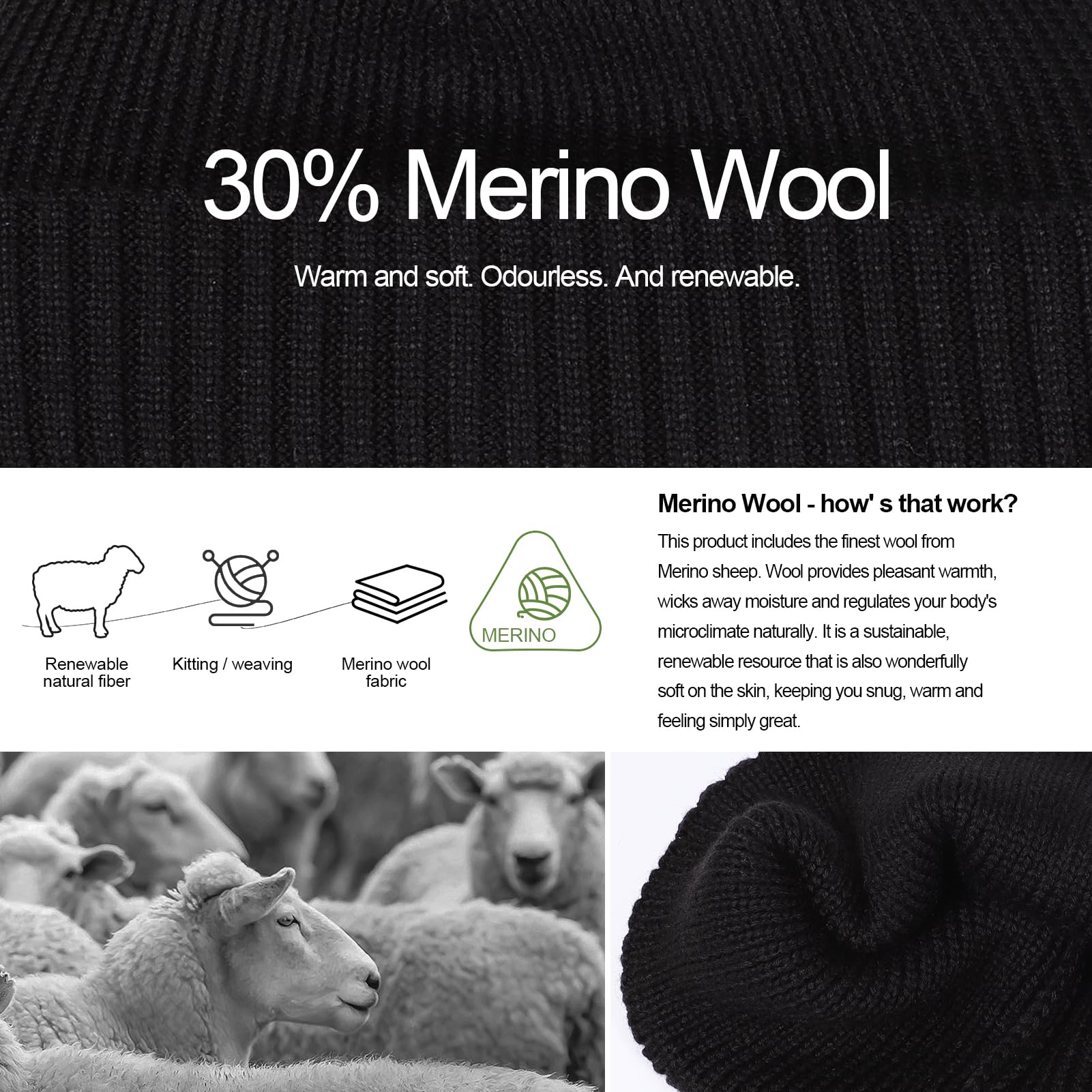 Oversized L/XL/XXL Merino Wool Beanie Hat for Men Big Head Cuffed Watch Cap Warm Soft Knit Winter Hat Black