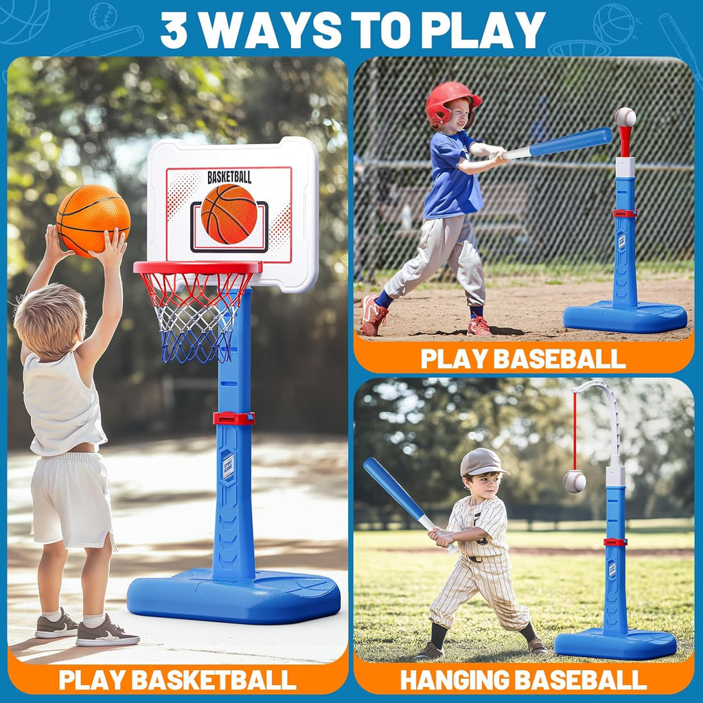 Skiennix 3-in-1 Kids Basketball Hoop & T-Ball Set - Adjustable Height Indoor/Outdoor Sports Toy for Ages 3-5 (Blue)