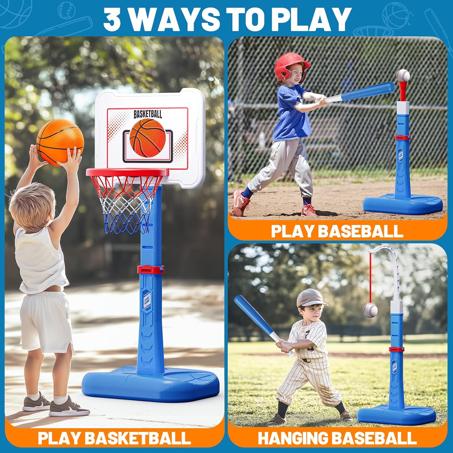 Skiennix 3-in-1 Kids Basketball Hoop & T-Ball Set - Adjustable Height Indoor/Outdoor Sports Toy for Ages 3-5 (Blue)
