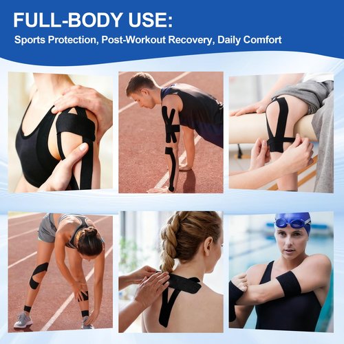 PHYTOP Kinesiology Tape Precut - 115ft (140 Strips) Bulk Roll, Latex-Free & Water-Resistant Athletic Tape - Muscle & Joint Support for Sports, Workouts (Black)