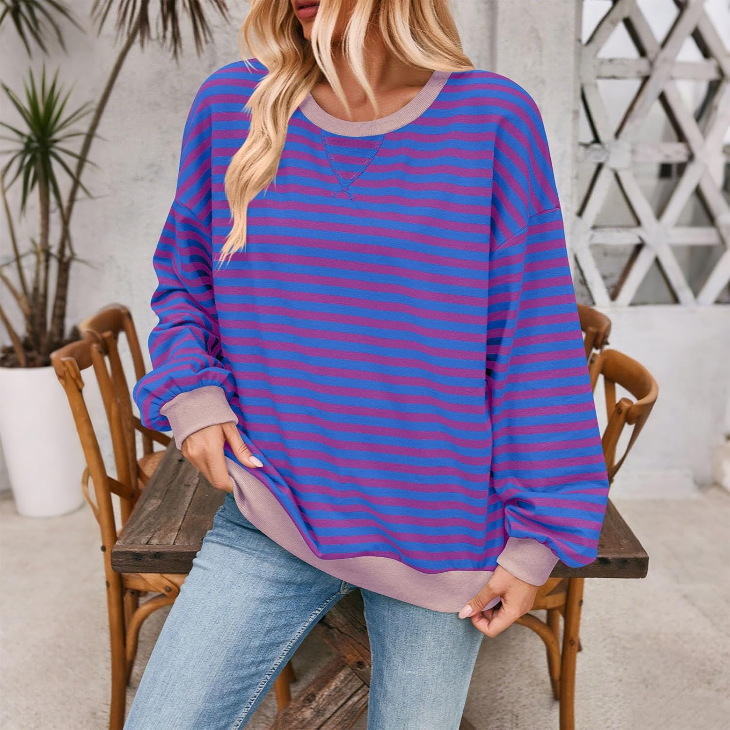 Skiennix Women's Crewneck Sweatshirt - Casual Striped Pullover Top | Plus Size Color Block Design