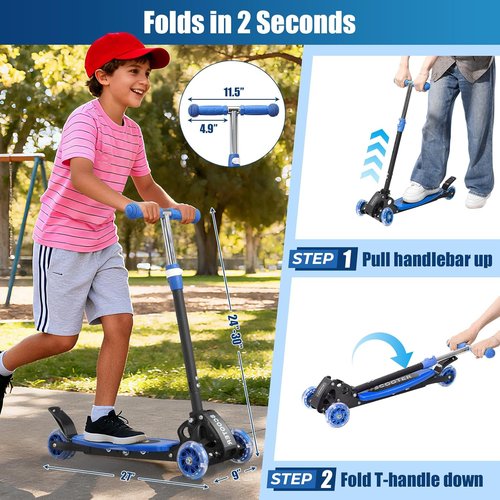Foldable Kids Scooter - Lean-to-Steer Technology, LED Light-Up Wheels | Adjustable Handlebar for Ages 3-7