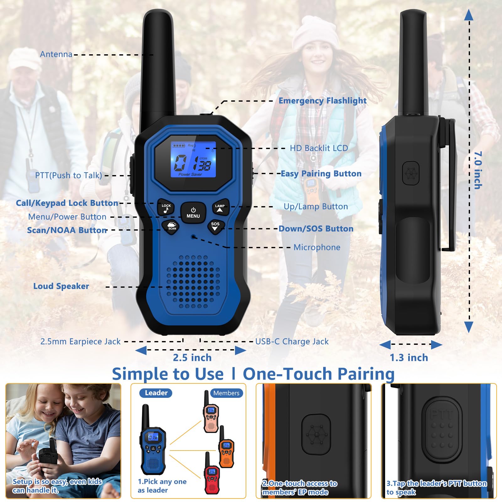 Walkie Talkies for Adults Long Range 2 Way Radios for Kids Rechargeable 4 Pack, Hiking Camping Skiing Cruising Gear with Lamp, USB-C, SOS Siren, NOAA Alert, iVOX Hands-Free, One-Touch Pairing
