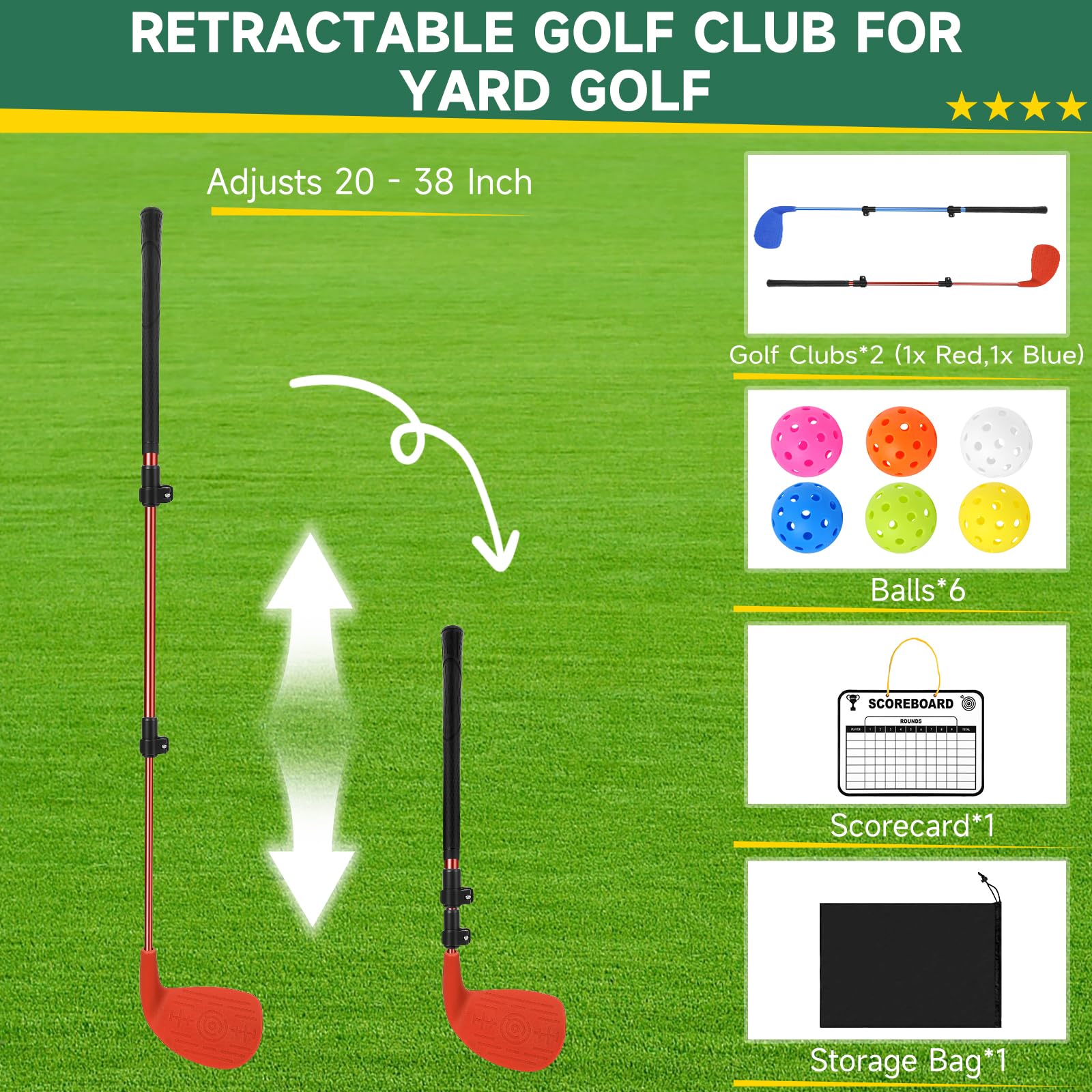 Golf Club Adjustable Length with Oversize Head for Backyard Golf Game, Yard Golf Games Club for Toddlers Junior Adults Family, Plastic Golf Club for Hit Plastic Foam Golf Balls in Grass, Parks, Yards