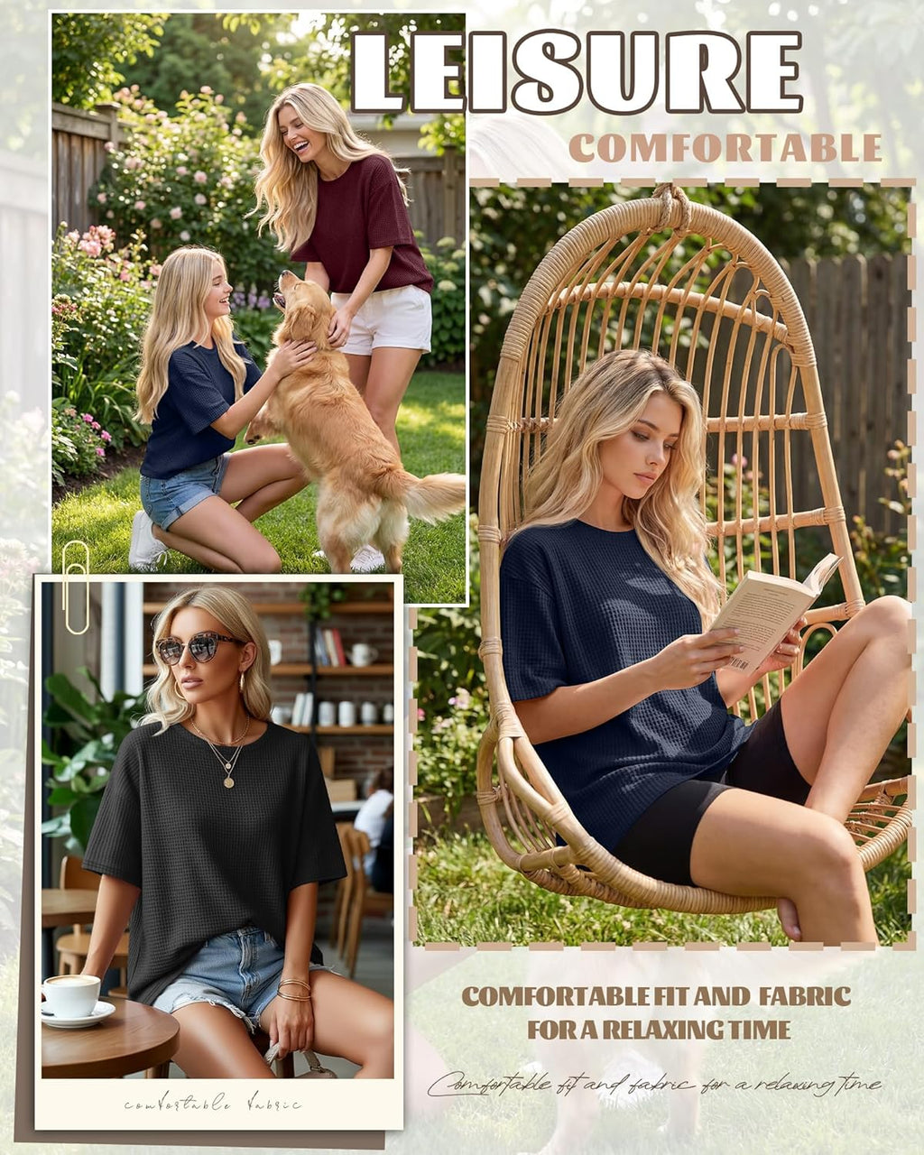 Oakgarden Women's Oversized Waffle T-Shirts - 3 Pack Half Sleeve Crewneck Casual Gym Tops