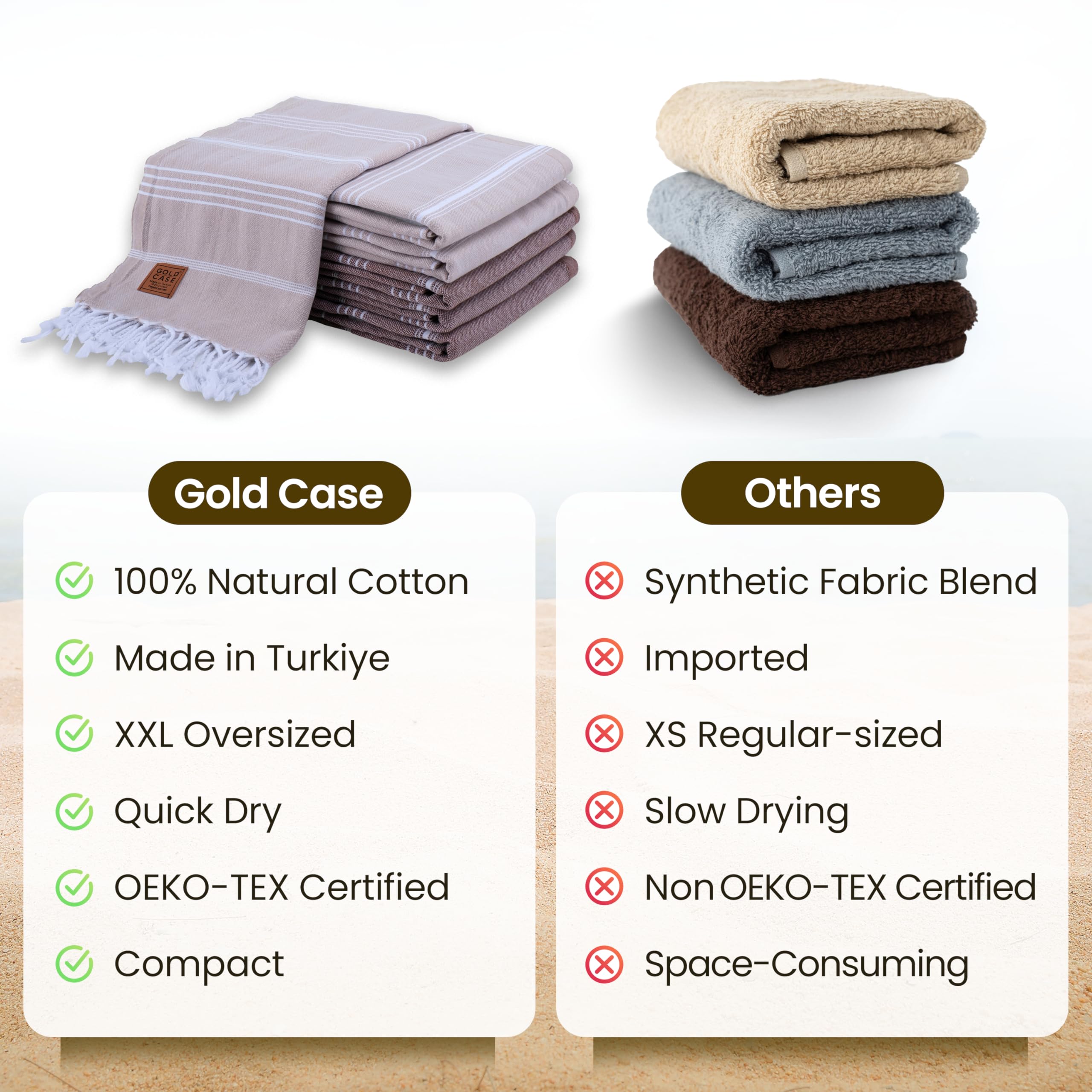 Gold CASE LYCIA Turkish Beach Towel Set of 6 – 100% Cotton Turkish Beach Towels Bulk 70 x 38'' – LYCIA Oversized, Quick Dry & Sand Free Beach Towel – Lightweight Towels Set in Mocha Mousse