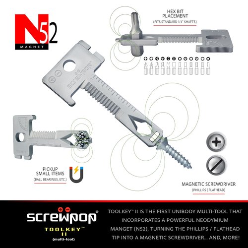 Screwpop Toolkey II Original Keyshape 17+ Multi-tool Includes Magnetic Phillips and Flathead Screwdriver Ultra Thin and Lightweight EDC Design Heat Treated Stainless Steel Silver