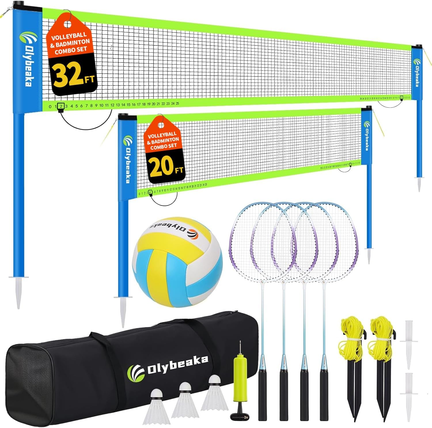 Regine Switzerland Outdoor Volleyball & Badminton Combo Net Set - Adjustable Poles, 4 Rackets, Portable Carry Bag