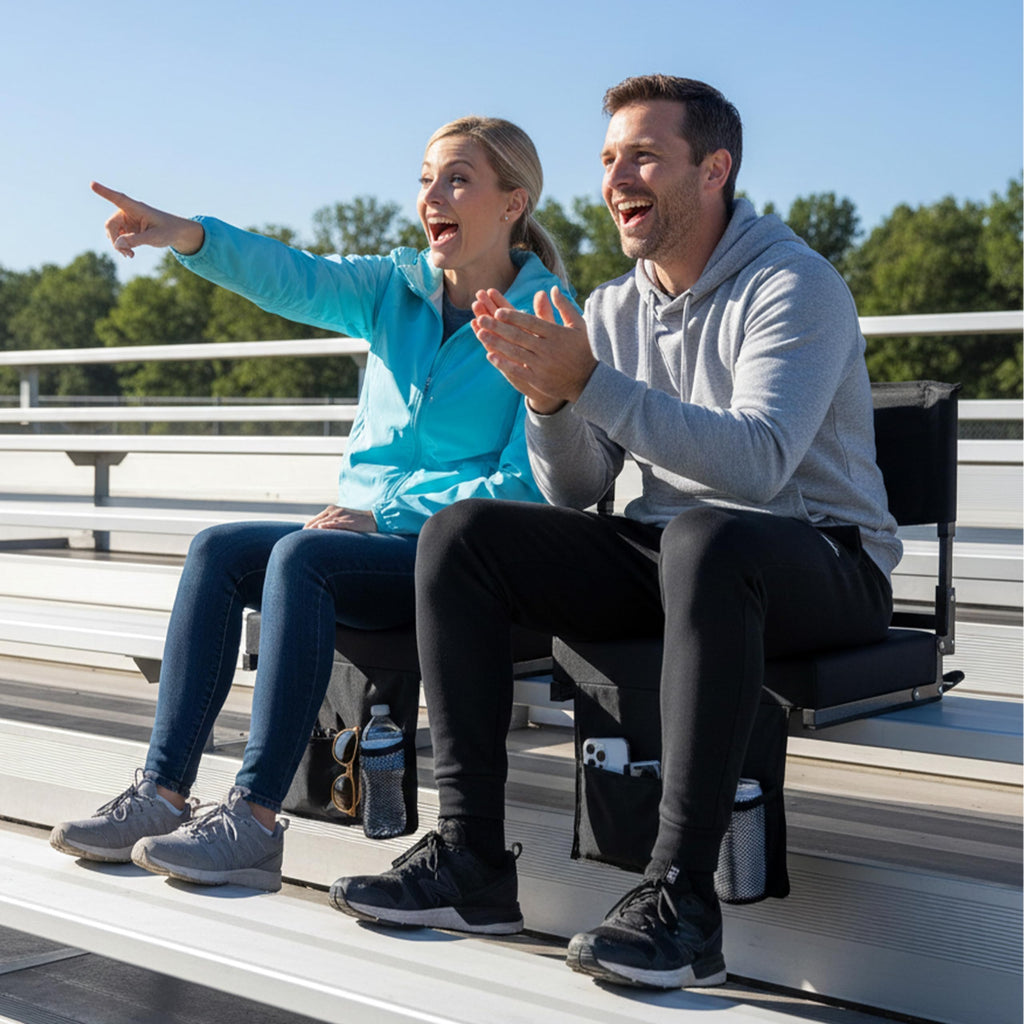 Stadium Seats with High Back Support Bleacher Chairs with 18.5in Adjustable Back and Wide Thick 3in Foam Cushion Portable Folding Bleacher Chair Includes Shoulder Strap and Cup Holderr Black 2 pcs