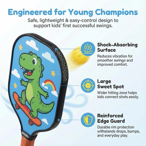 Kids Pickleball Paddle - Lightweight & Durable with Large Sweet Spot - Cute Pickleball Paddle Gift for Toddler & Youth Players - Skateboard Dino