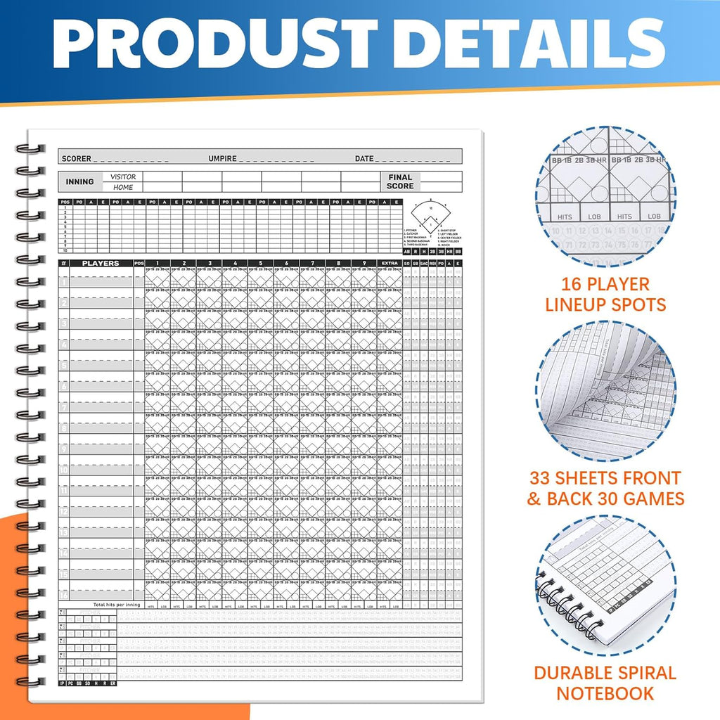 Skiennix Baseball Scorebook - 2 Pcs Softball Score Keeping Book for 30 Games | 11 x 14 Inches
