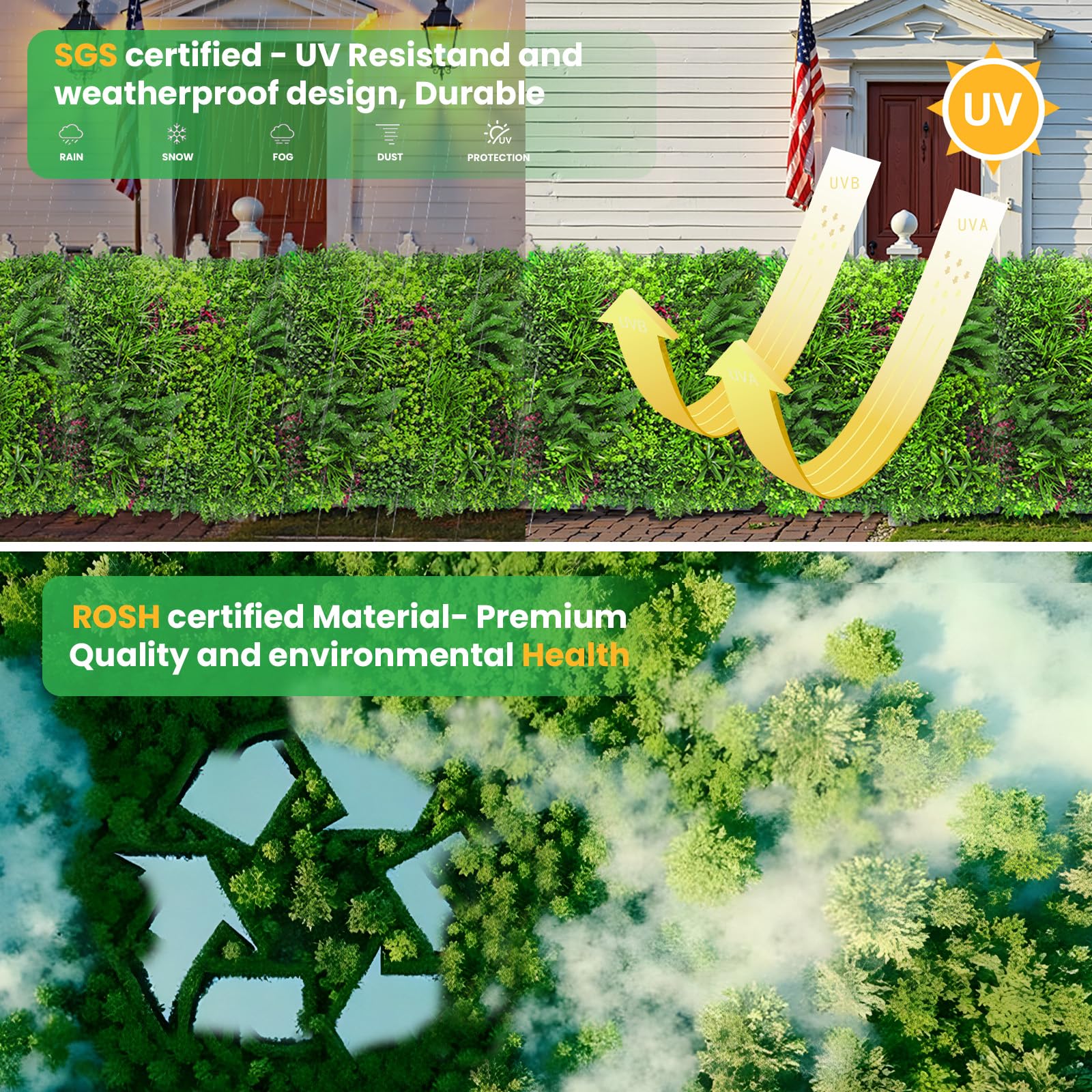 STURDON Artificial Grass Wall Panels for Indoor Outdoor, 40"x40" (11.09 Sq.Ft), 3D Boxwood Panels, Greenery Wall Backdrop for Home Living & Wedding Event Decor with DIY 60 PCS Flower,100 PCS Zip Ties