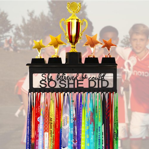 Goutoports Medal Holder Trophy Display Hanger Rack Frame for Sport Race Runner - She Believed She Could - Sturdy Black Steel Metal Over 60 Medals Easy Install - Can Hold Trophies