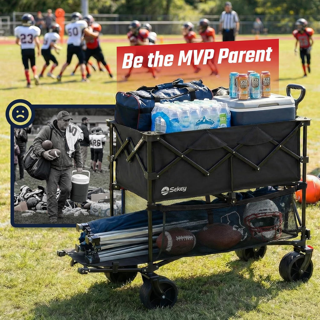 Sekey Heavy Duty Double Decker Wagon - 500Lbs Capacity Collapsible Garden Cart with All-Terrain Wheels | Fits 10x10 Canopy