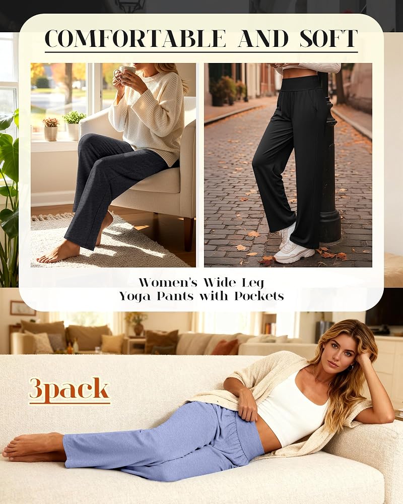 3 Pack Women’s Wide Leg Yoga Pants with Pockets - Black, Gray, Blue (Medium)