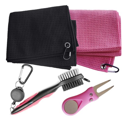 Gzingen Golf Towel and Brush Set, 2 Pack Microfiber Towels for Golf Bags, Club Cleaner Brush Cleaning Kit with Divot Tool Ball Marker, Golf Accessories