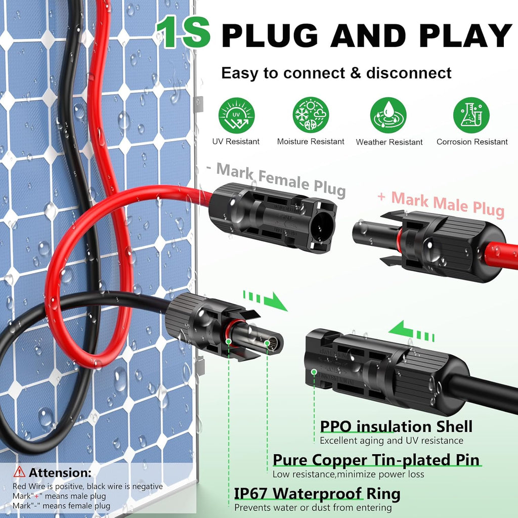 Oududianzi Solar Extension Cable - 30Ft 10AWG Tinned Copper PV Wire with Waterproof Connectors for Solar Systems