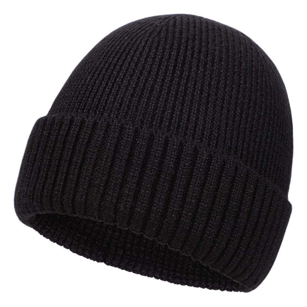 Oversized L/XL/XXL Merino Wool Beanie Hat for Men Big Head Cuffed Watch Cap Warm Soft Knit Winter Hat Black