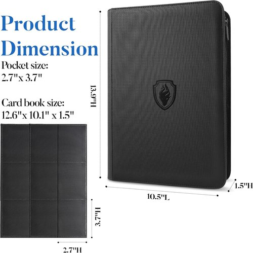 Fabmaker Premium Zip Card Binder - 9 Pocket Trading Card Album with Sturdy PU Cover | Black