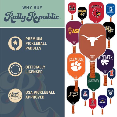 Rally Republic Officially Licensed Collegiate Pickleball Paddle - USA Pickleball Association Approved Racket - Lightweight Honeycomb Core, Carbon Fiber Exterior, Premium Leather Grip for Comfort