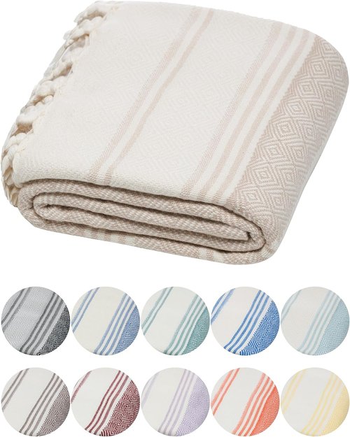 DEMMEX Organic Diamond Turkish Bath & Beach Towel - 100% Oeko-TEX Certified, Ultra-Soft, Quick-Dry, 71"x36", Beige