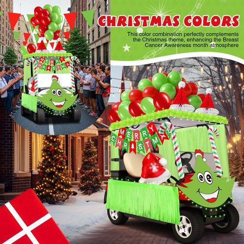 Soulchen 73 Pcs Green Christmas Golf Cart Decorations Elf Xmas Themed Decor Kit Red Green Balloons Foil Tinsel Elf Backdrops Curtain Light String for Christmas Golf Cart Party Supplies Decor