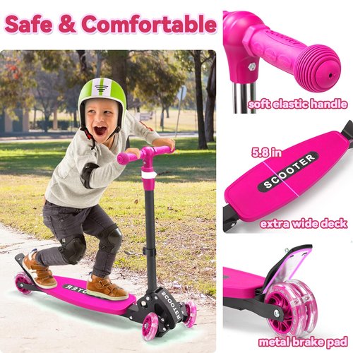 3 Wheel Scooter for Kids Age 3-12, Kid Scooters with Extra-Wide Deck, Lean to Steer Height Adjustable Handlebar, Light Up Wheels, Stable Smooth Riding Child Kick Scooter Hold 165 lbs, Girl Gift
