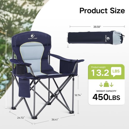 Green Party Folding Camping Chair - Oversized Heavy Duty with Cooler Bag & Cup Holder | Collapsible Padded Arm Chair