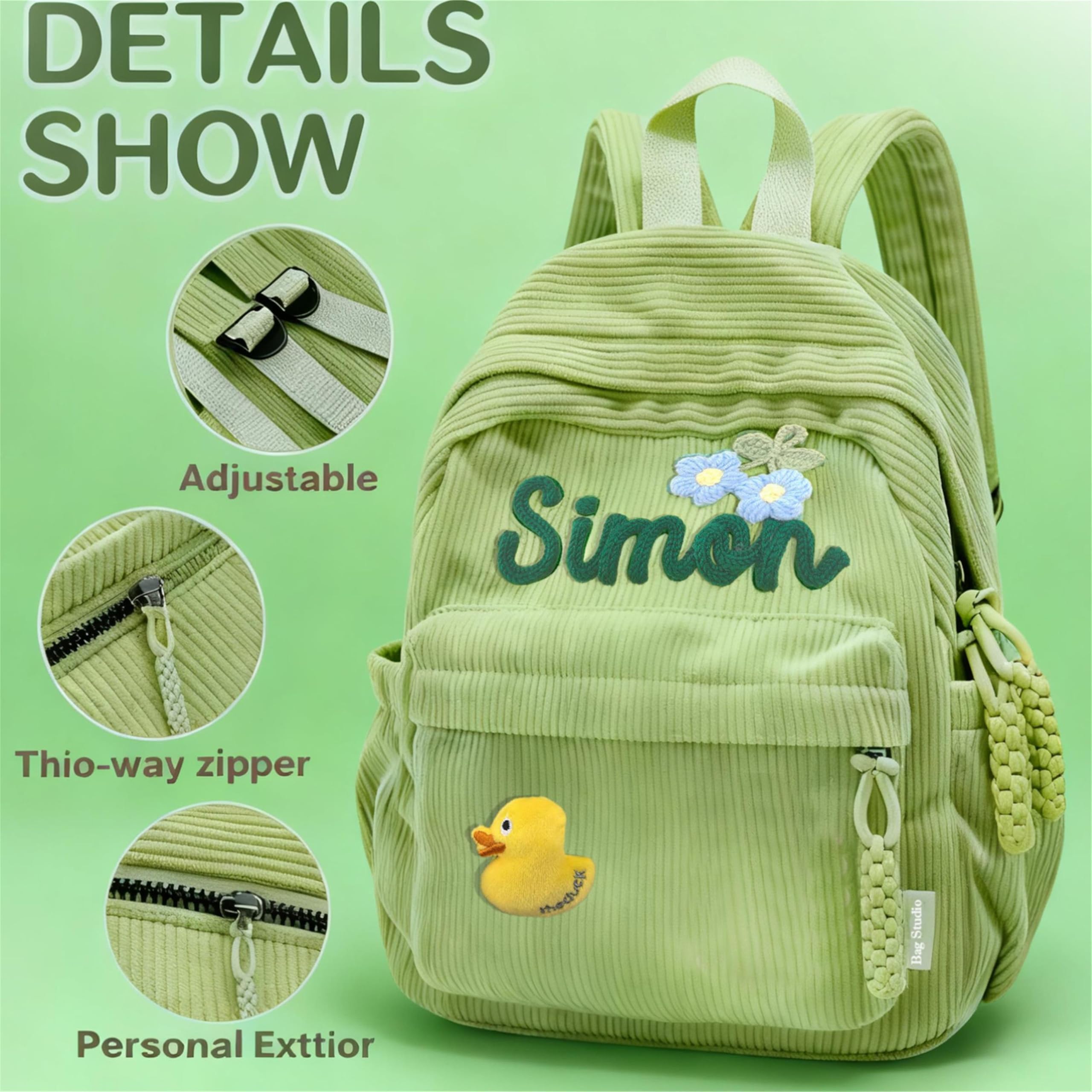 JUPPE Personalized Corduroy Kids Backpack, Custom Name Schoolbag, Preschoolers and Elementary School Students, Available in Medium and Small Sizes, Ages 1-6 or 3-14