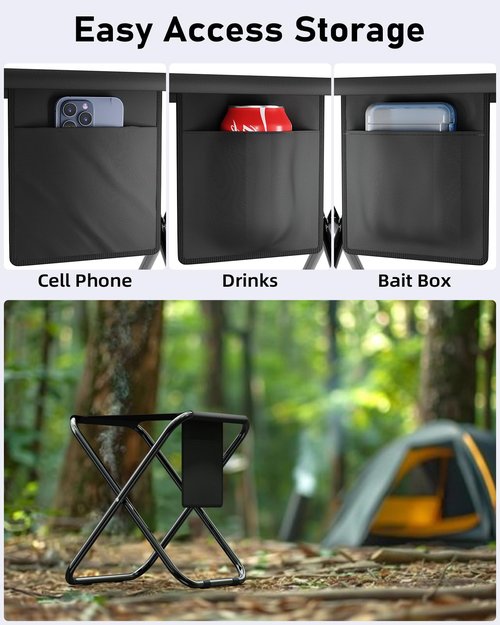 Simple Deluxe Portable Camping Stool, 14.4 Inch, 300 lbs Capacity, Folding Chair with Storage Pocket, Black