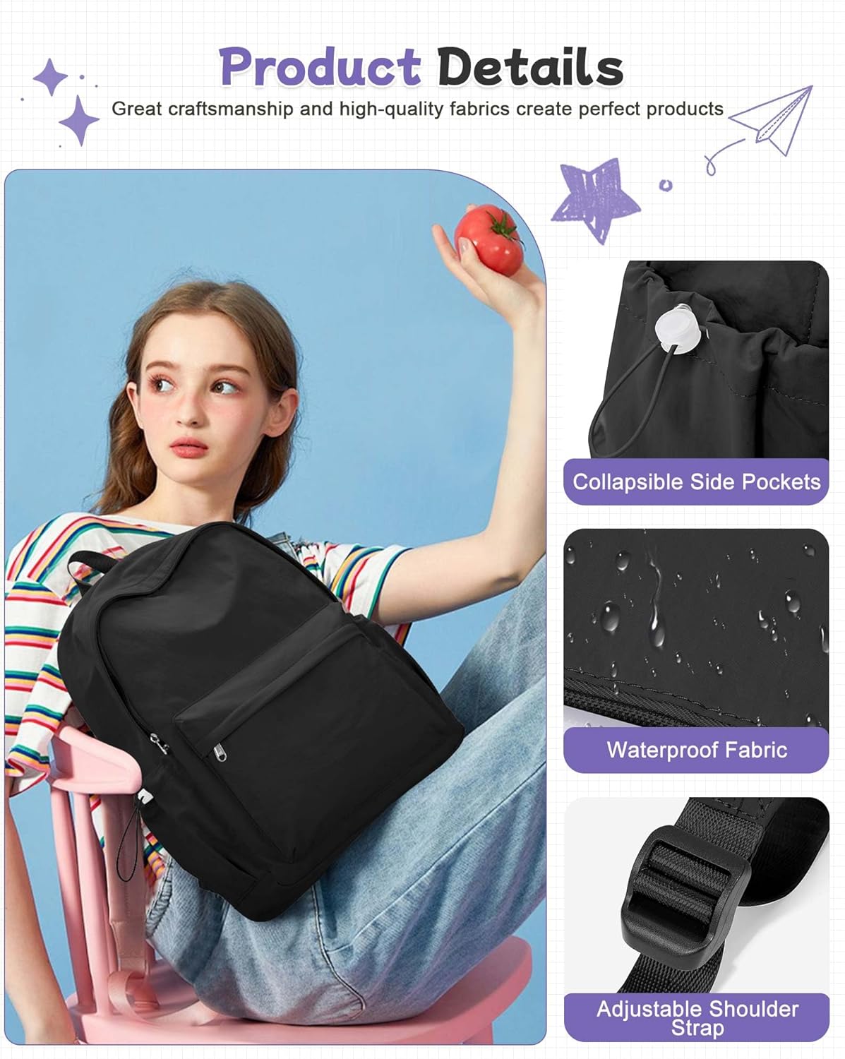 Skiennix Black Backpack - Lightweight School Bookbag for Teens & Adults | Casual Daypack