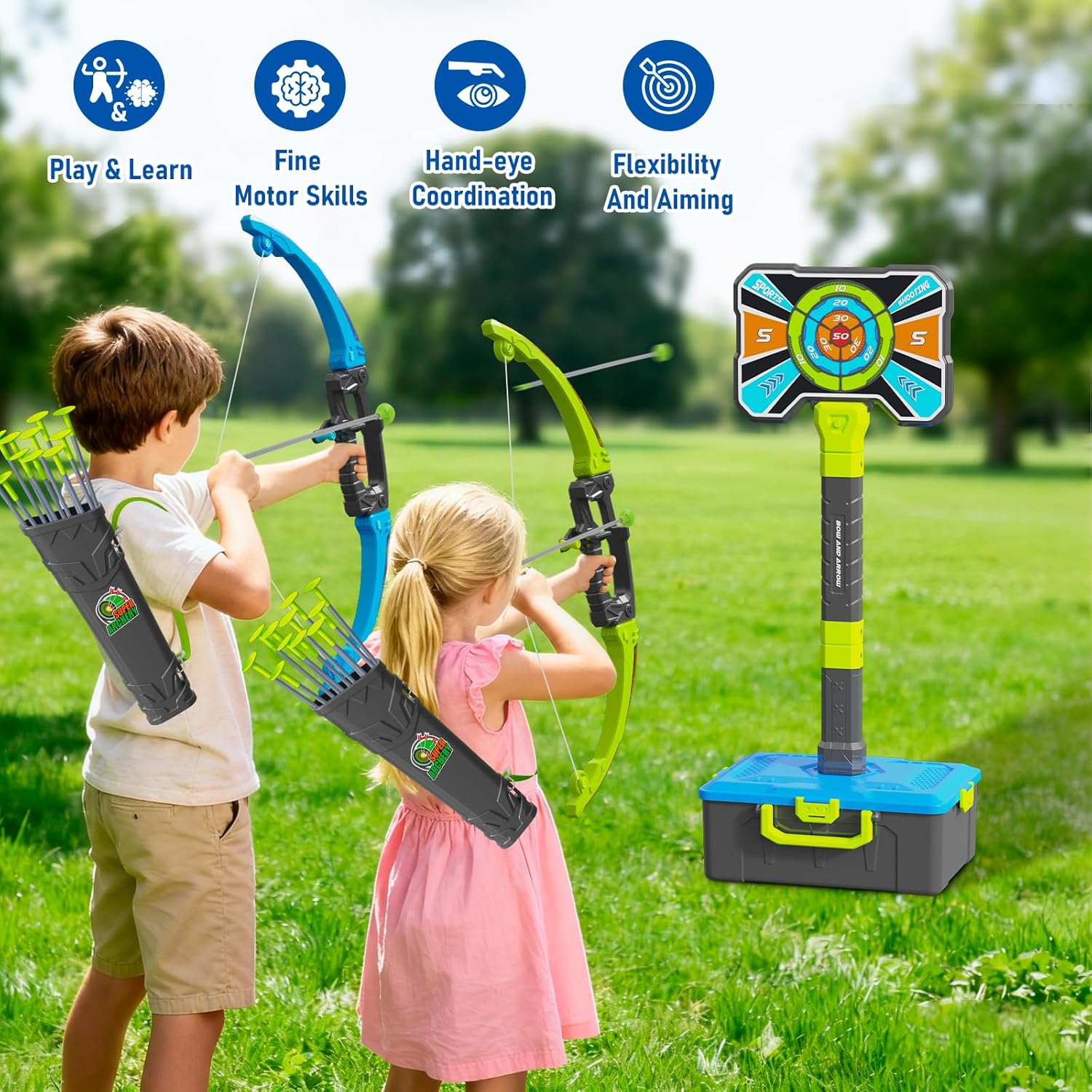 OCHIDO Bow and Arrow Set - 3-in-1 LED Light Up Archery Kit with 4 Targets & 12 Suction Cup Arrows for Kids Ages 5-12