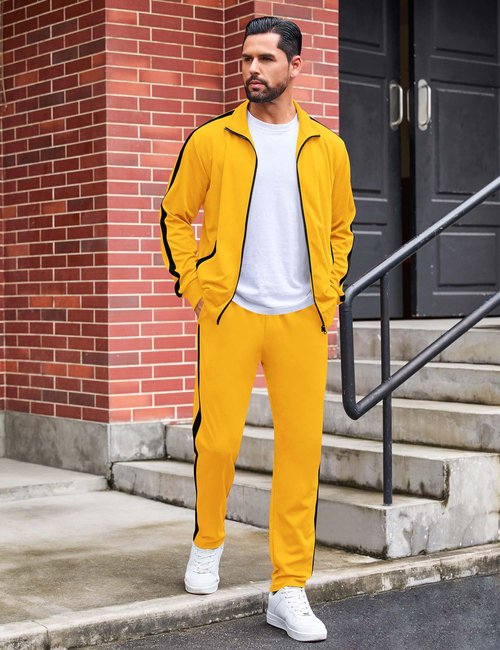 LecGee 2 Piece Athletic Set For Men Casual Color Bock Coat and Adjustable Drawstring Sports Pant Outfits(Yellow,XX-Large)